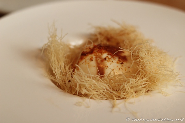 65 degree tea egg with shredded filo and satay powder