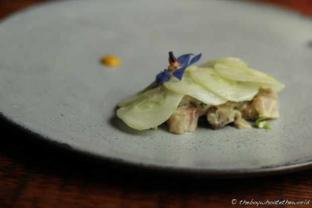 Flame grilled Mackerel Tartare with Mustard and Gooseberries
