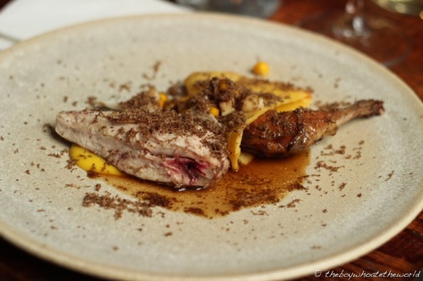 Roast Partridge with Ceps Sweetcorn and Polenta Pancake